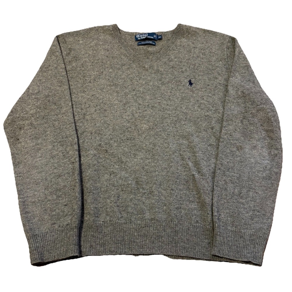 Vintage Polo Ralph Lauren Sweater Men's XL Gray V-Neck Lambswool Italian Yarn